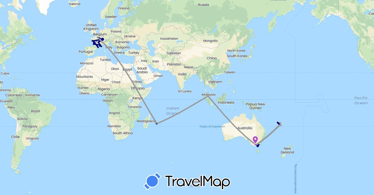 TravelMap itinerary: driving, bus, plane, train, hiking, boat, hitchhiking in Australia, Spain, France, Mauritius, Malaysia, New Caledonia, Réunion (Africa, Asia, Europe, Oceania)